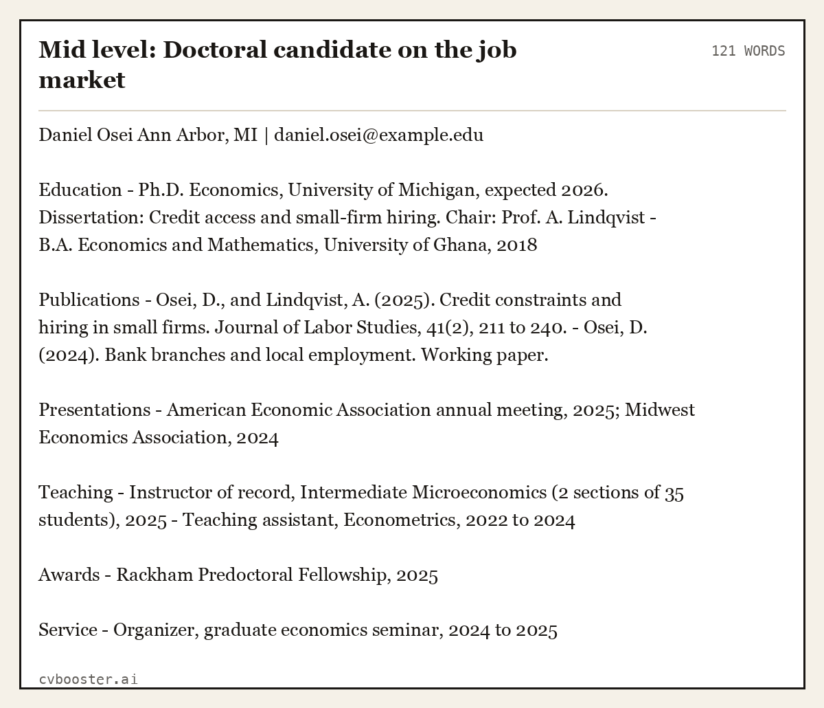 Complete Mid level: Doctoral candidate on the job market example, 121 words, laid out as it would sit in the application form