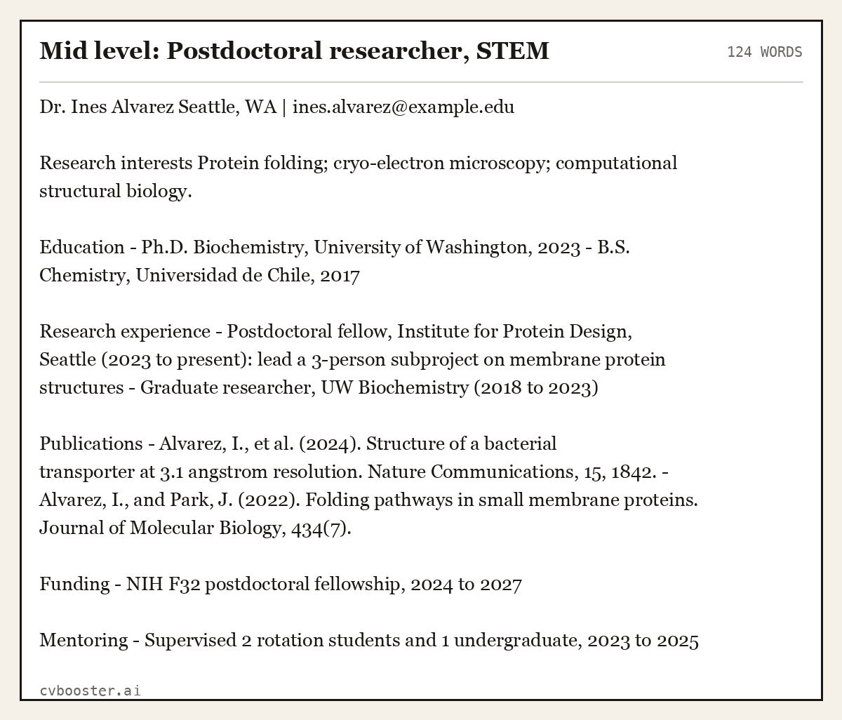 Complete Mid level: Postdoctoral researcher, STEM example, 124 words, laid out as it would sit in the application form