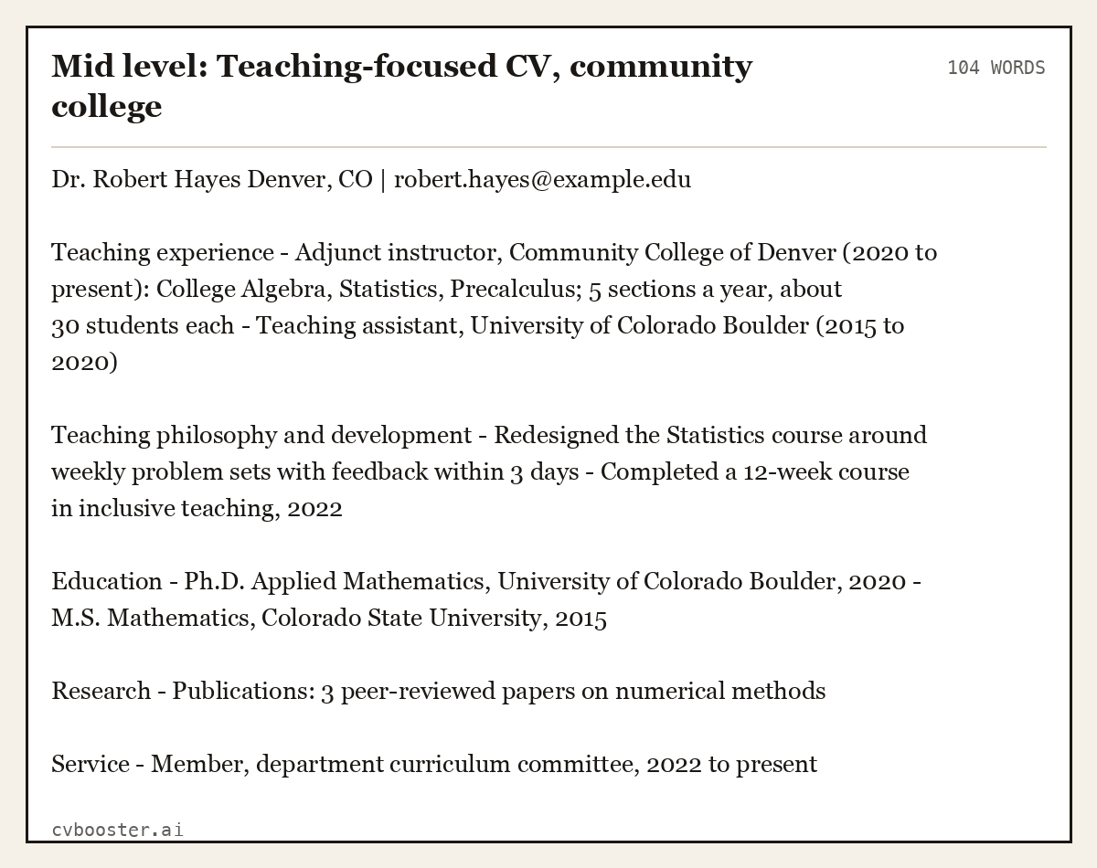 Mid level: Teaching-focused CV, community college, complete example, 104 words