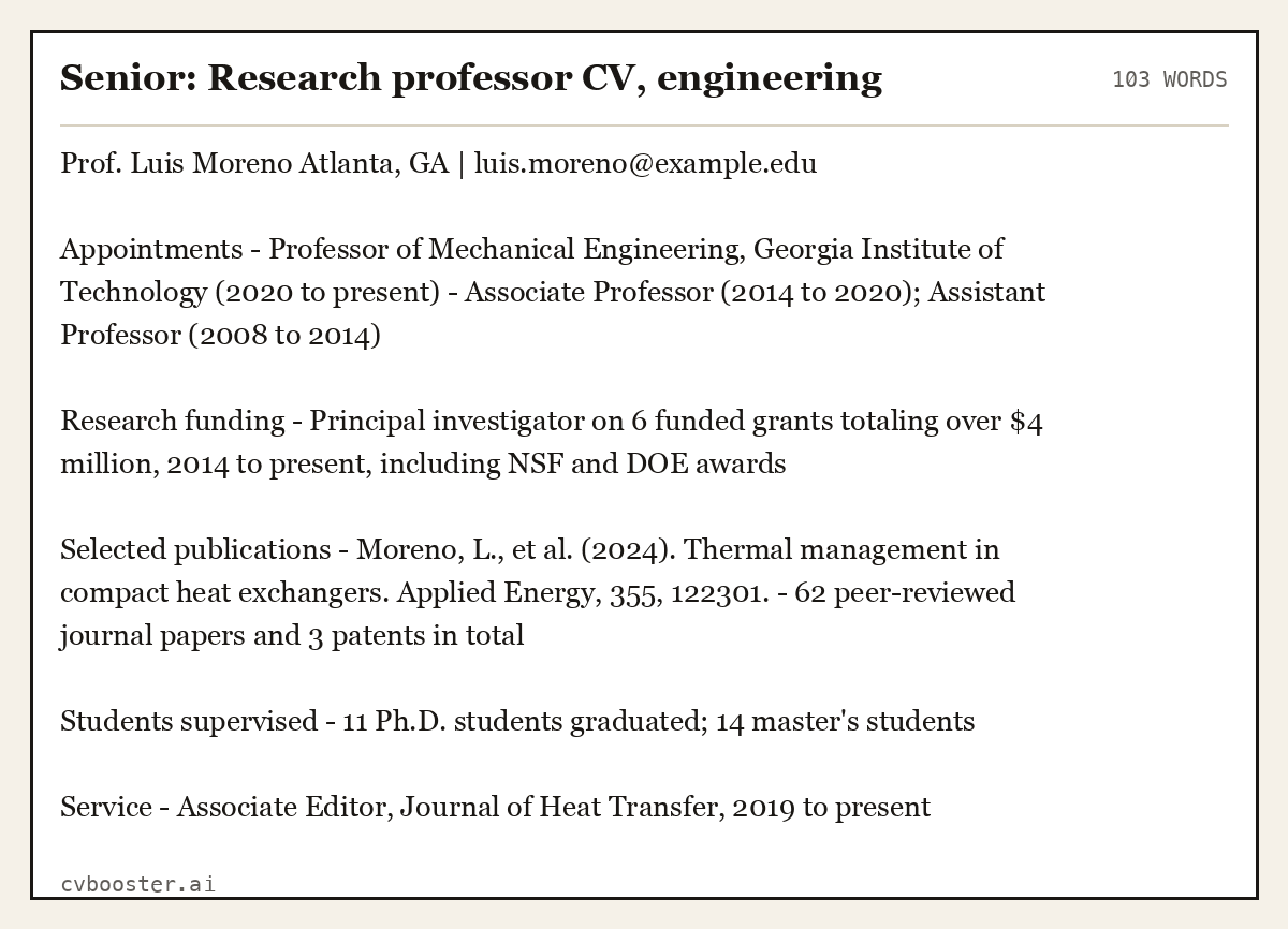 Complete Senior: Research professor CV, engineering example, 103 words, laid out as it would sit in the application form
