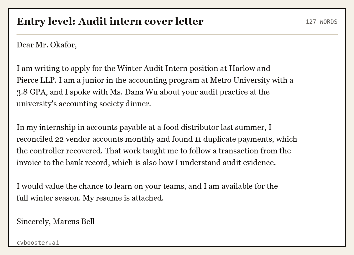Complete Entry level: Audit intern cover letter example, 127 words, laid out as it would sit in the application form