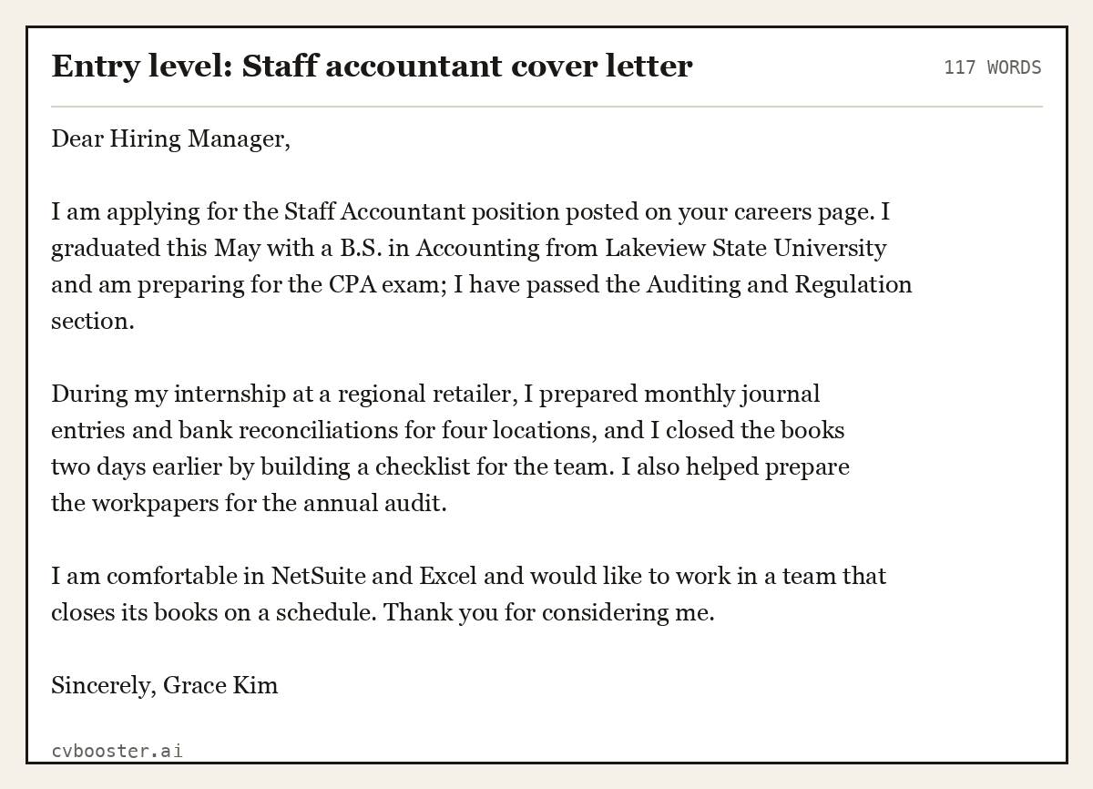 Complete Entry level: Staff accountant cover letter example, 117 words, laid out as it would sit in the application form