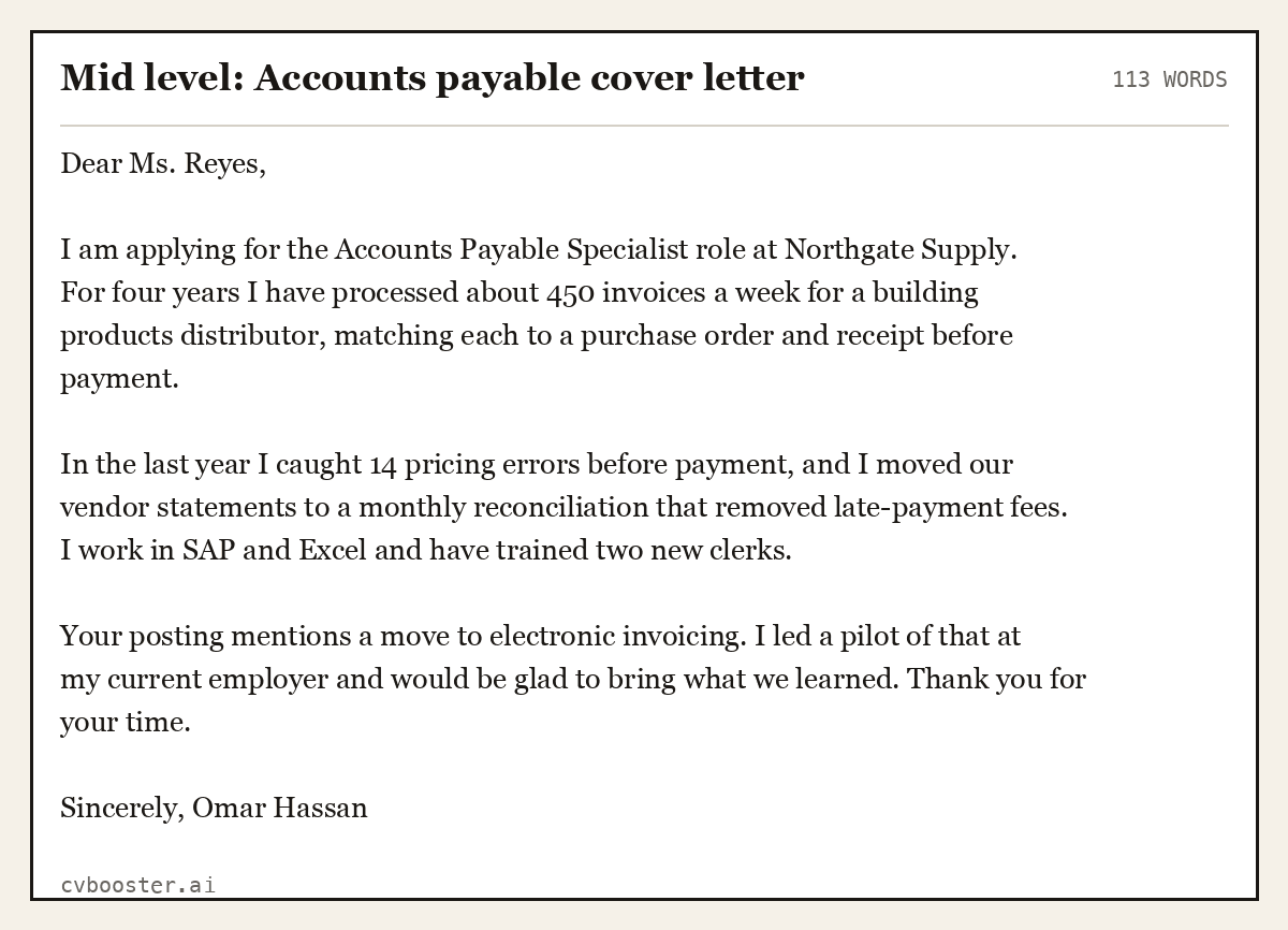 Complete Mid level: Accounts payable cover letter example, 113 words, laid out as it would sit in the application form