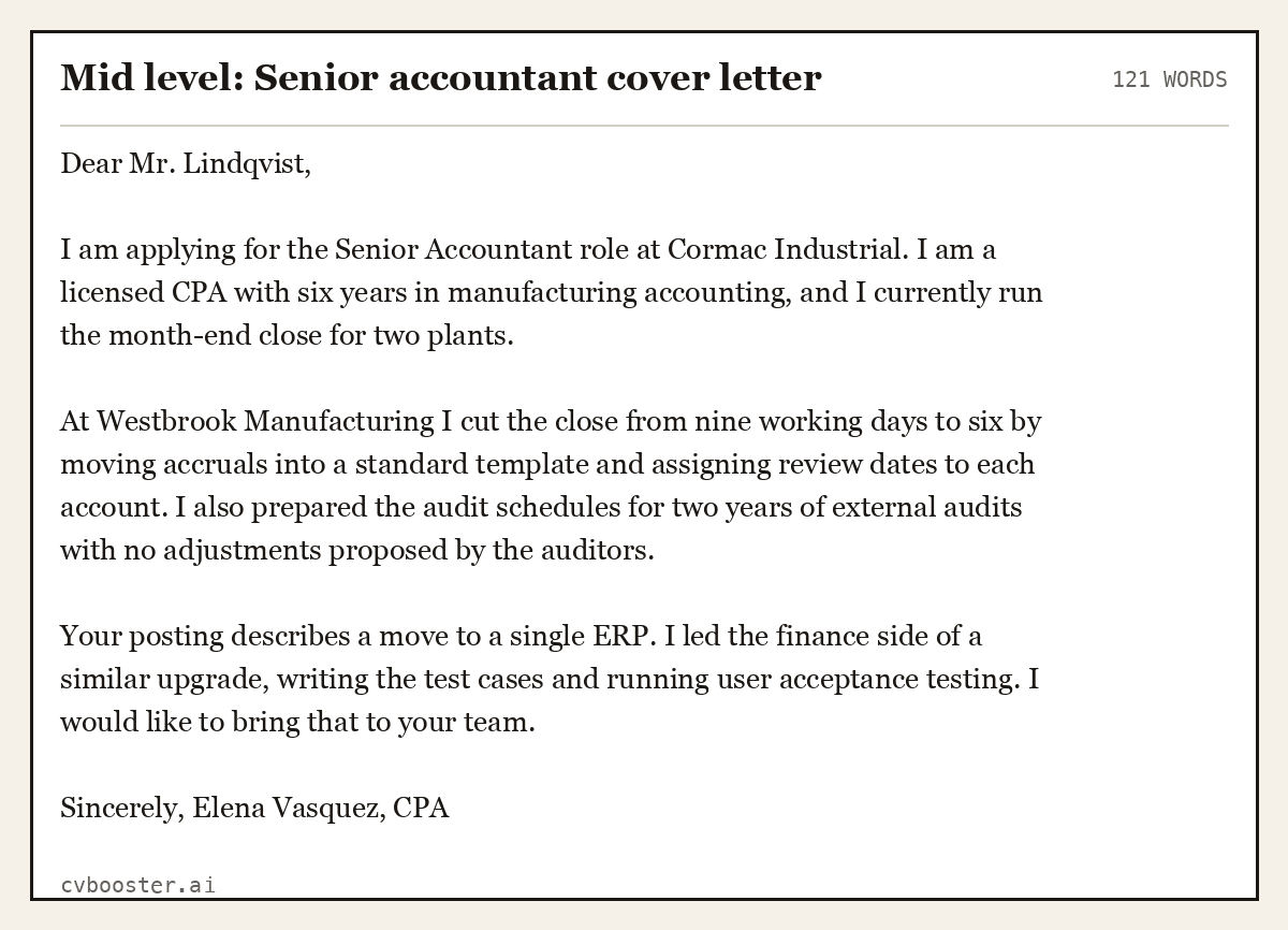 Complete Mid level: Senior accountant cover letter example, 121 words, laid out as it would sit in the application form