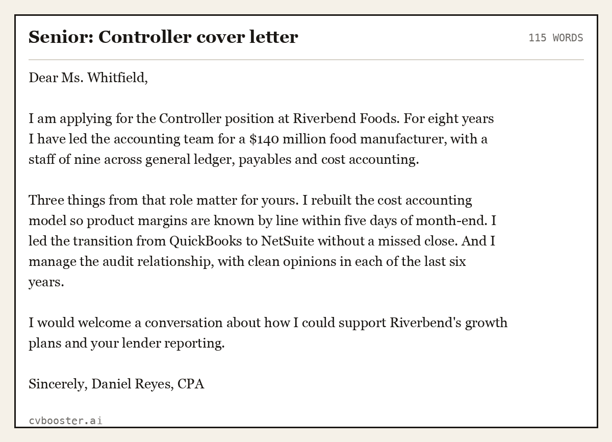 Complete Senior: Controller cover letter example, 115 words, laid out as it would sit in the application form