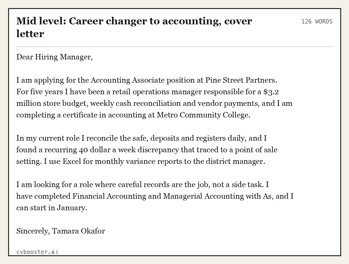 Mid level: Career changer to accounting, cover letter, complete example, 126 words