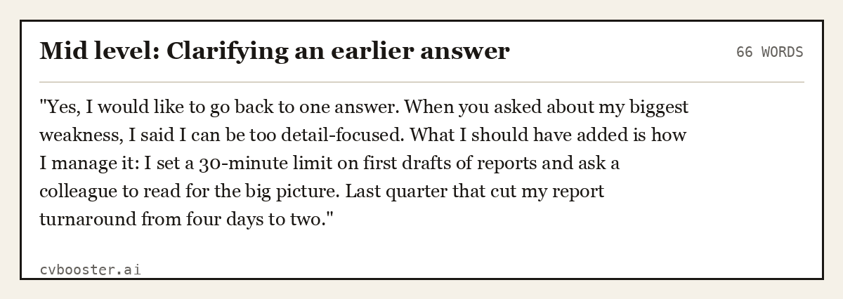 Complete Mid level: Clarifying an earlier answer example, 66 words, laid out as it would sit in the application form