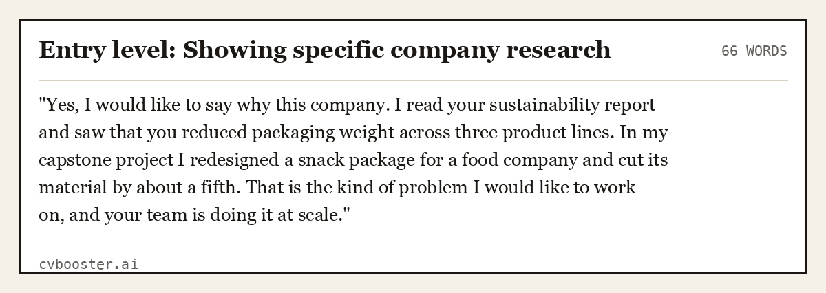 Complete Entry level: Showing specific company research example, 66 words, laid out as it would sit in the application form