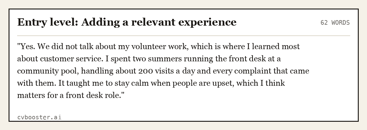 Complete Entry level: Adding a relevant experience example, 62 words, laid out as it would sit in the application form
