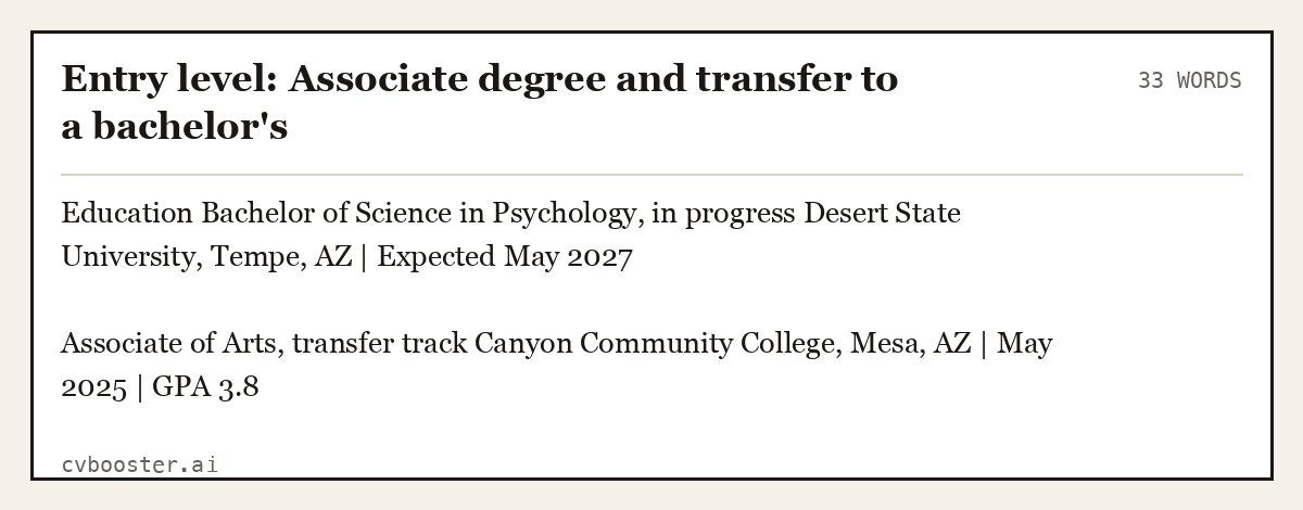 Entry level: Associate degree and transfer to a bachelor's, complete example, 33 words