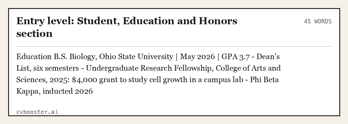 Entry level: Student, Education and Honors section, complete example, 45 words