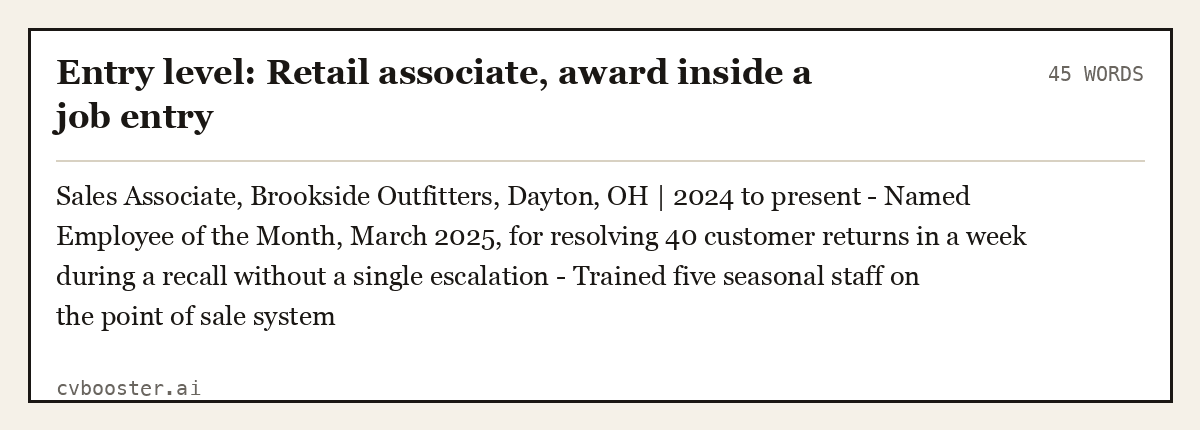 Entry level: Retail associate, award inside a job entry, complete example, 45 words