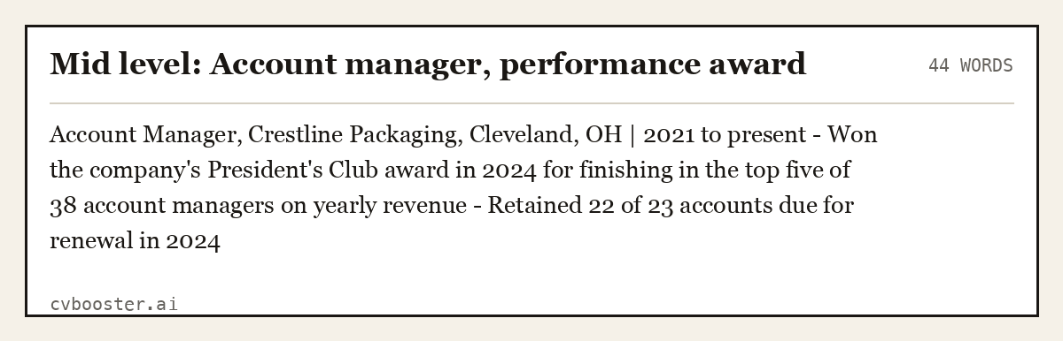 Complete Mid level: Account manager, performance award example, 44 words, laid out as it would sit in the application form
