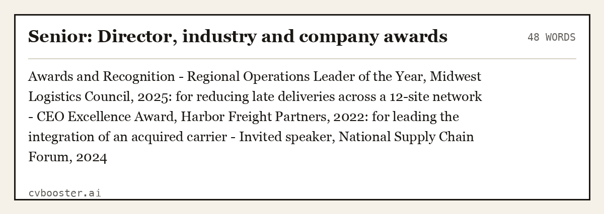 Complete Senior: Director, industry and company awards example, 48 words, laid out as it would sit in the application form