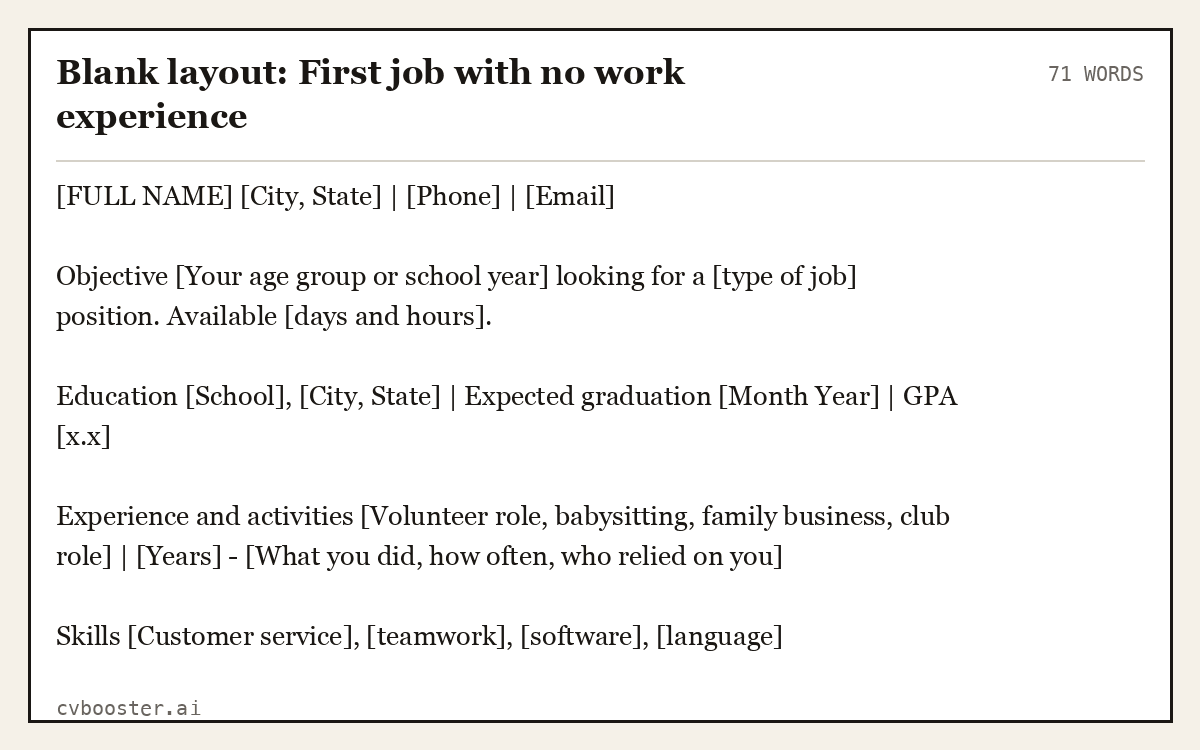 Complete Blank layout: First job with no work experience example, 71 words, laid out as it would sit in the application form