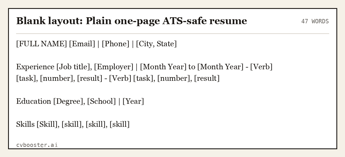 Complete Blank layout: Plain one-page ATS-safe resume example, 47 words, laid out as it would sit in the application form