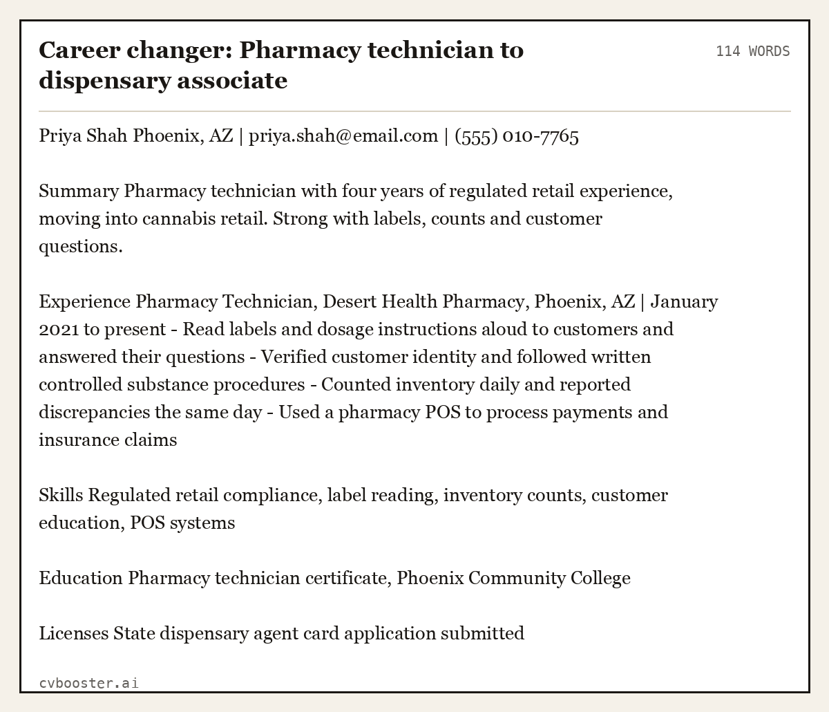 Career changer: Pharmacy technician to dispensary associate, complete example, 114 words
