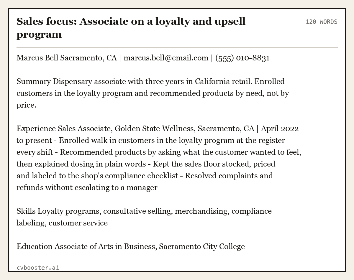 Sales focus: Associate on a loyalty and upsell program, complete example, 120 words