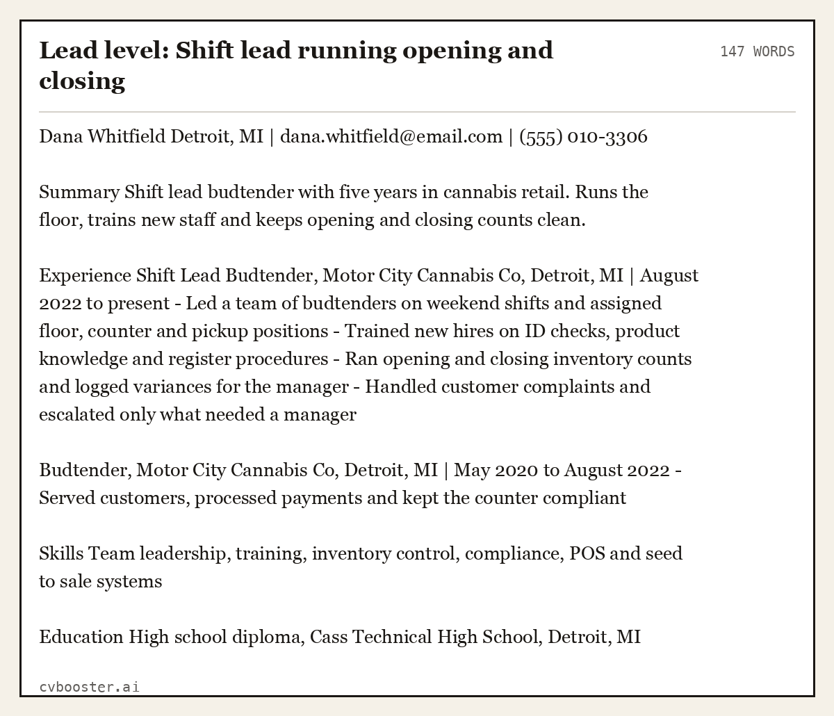 Lead level: Shift lead running opening and closing, complete example, 147 words