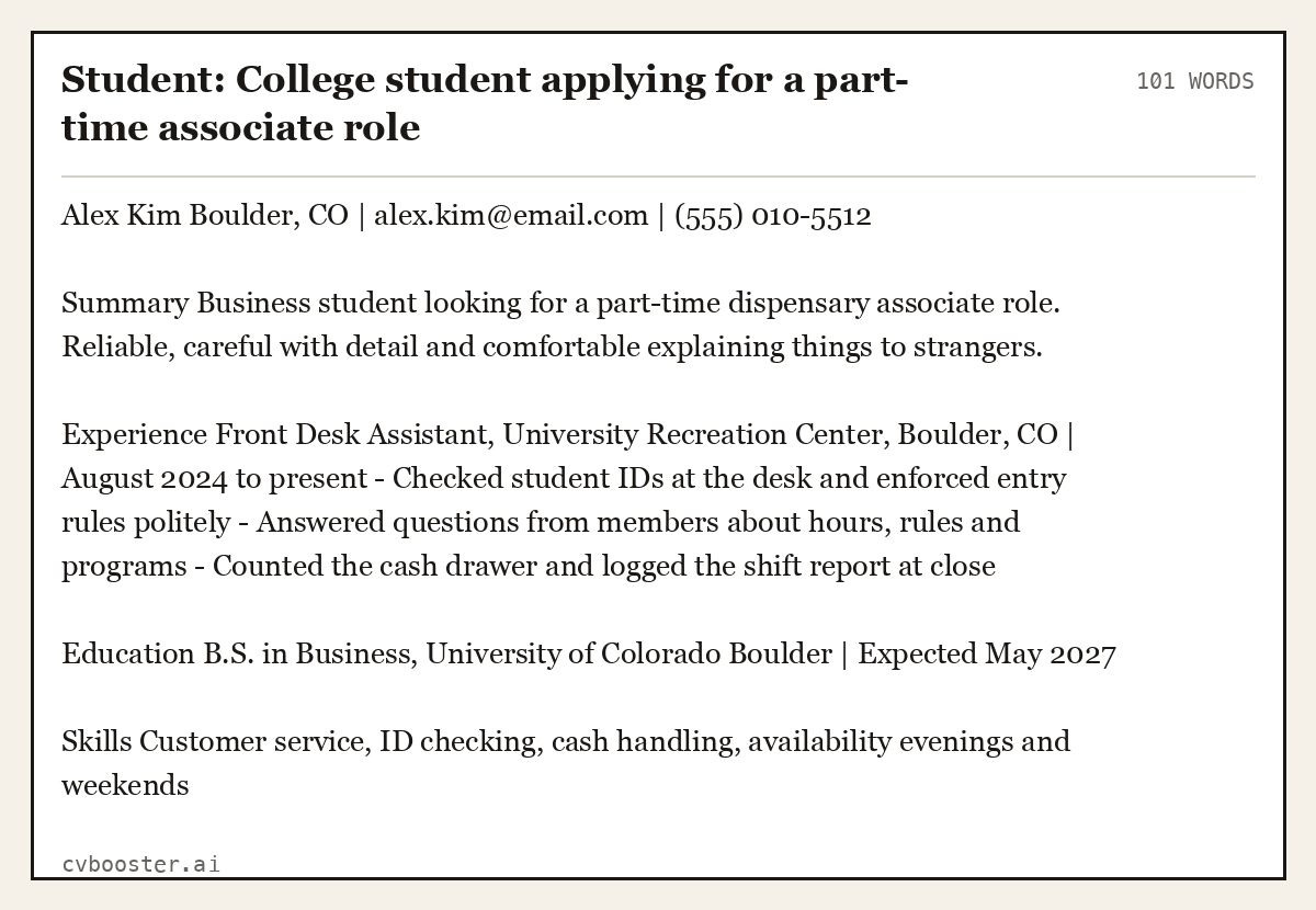 Student: College student applying for a part-time associate role, complete example, 101 words
