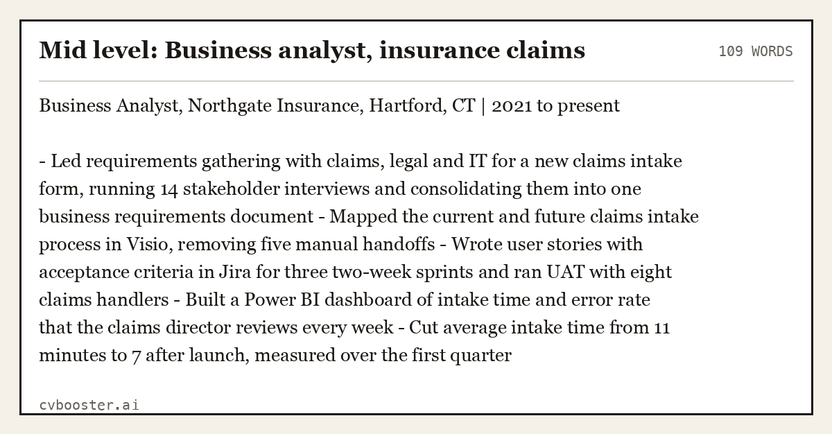 Complete Mid level: Business analyst, insurance claims example, 109 words, laid out as it would sit in the application form