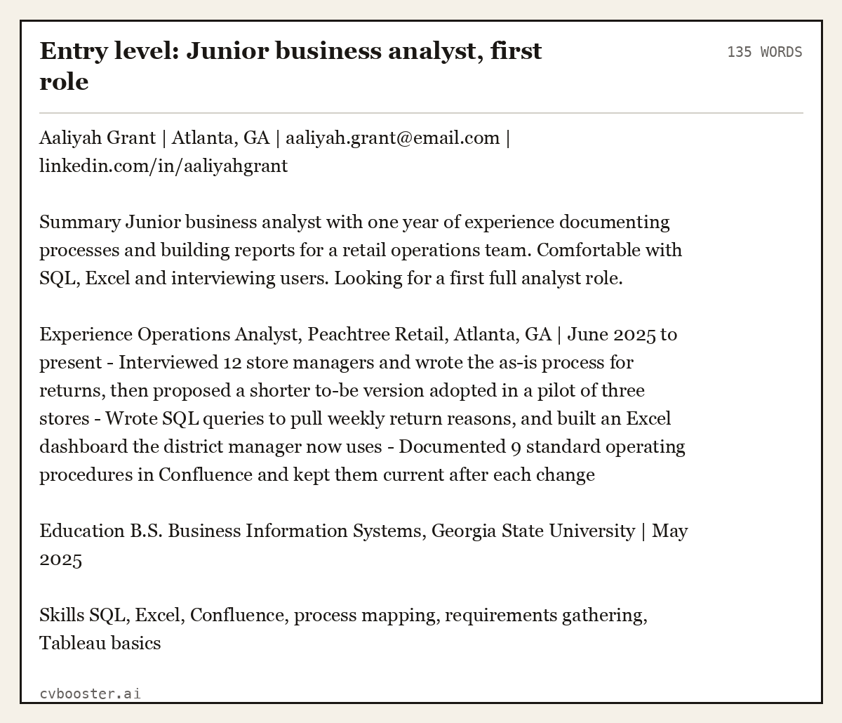 Entry level: Junior business analyst, first role, complete example, 135 words
