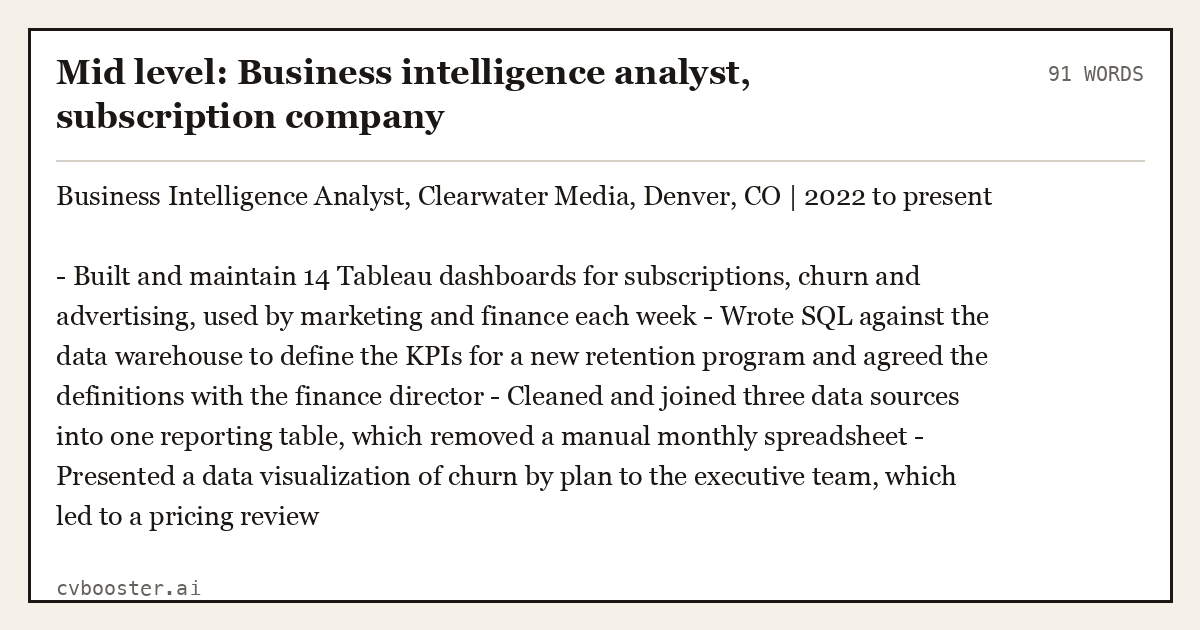 Mid level: Business intelligence analyst, subscription company, complete example, 91 words
