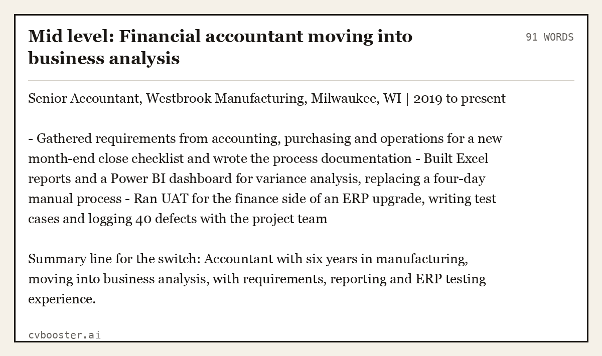 Mid level: Financial accountant moving into business analysis, complete example, 91 words