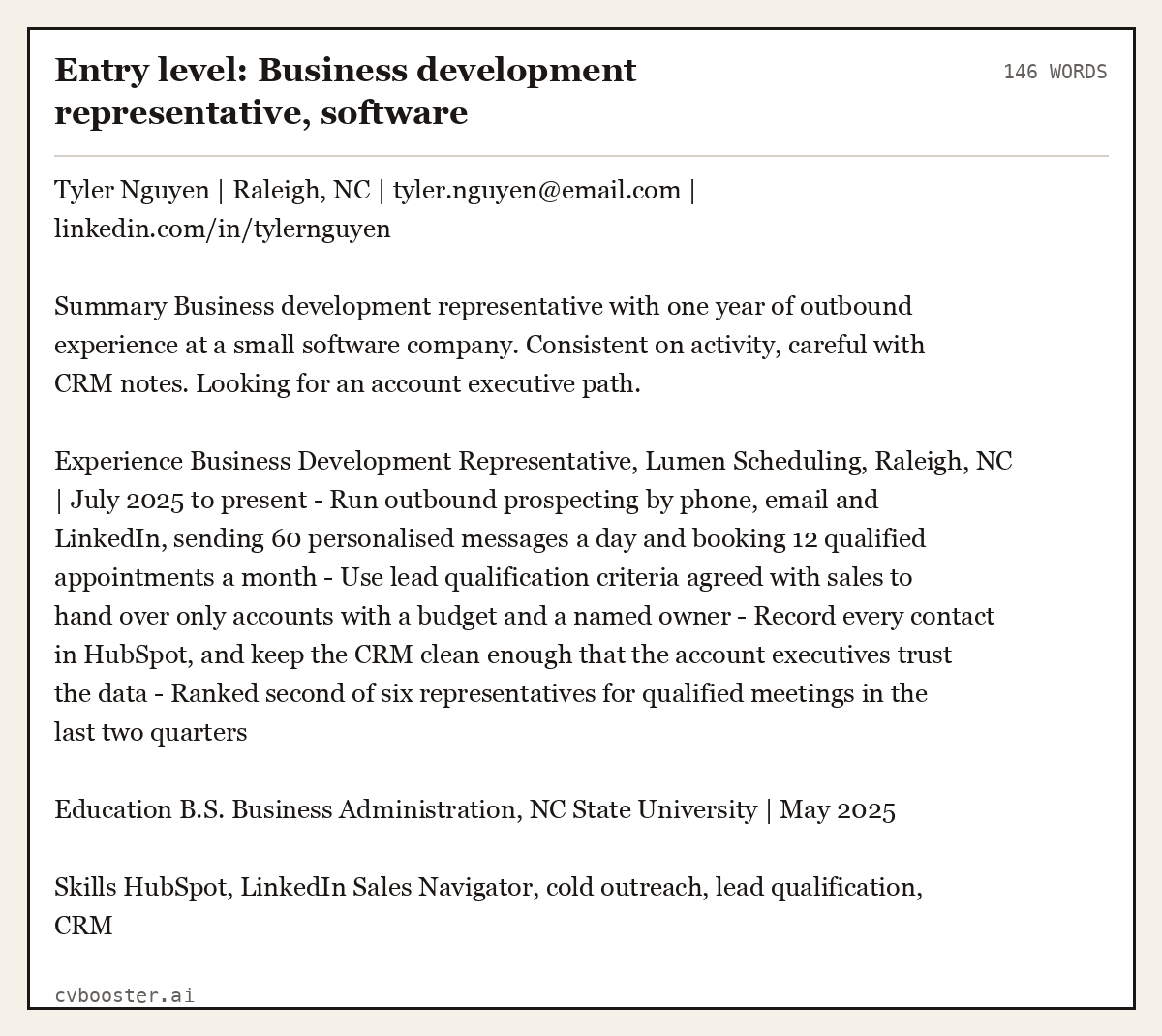 Entry level: Business development representative, software, complete example, 146 words