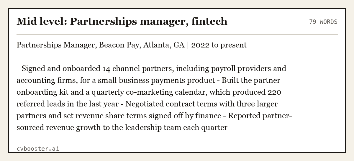 Complete Mid level: Partnerships manager, fintech example, 79 words, laid out as it would sit in the application form
