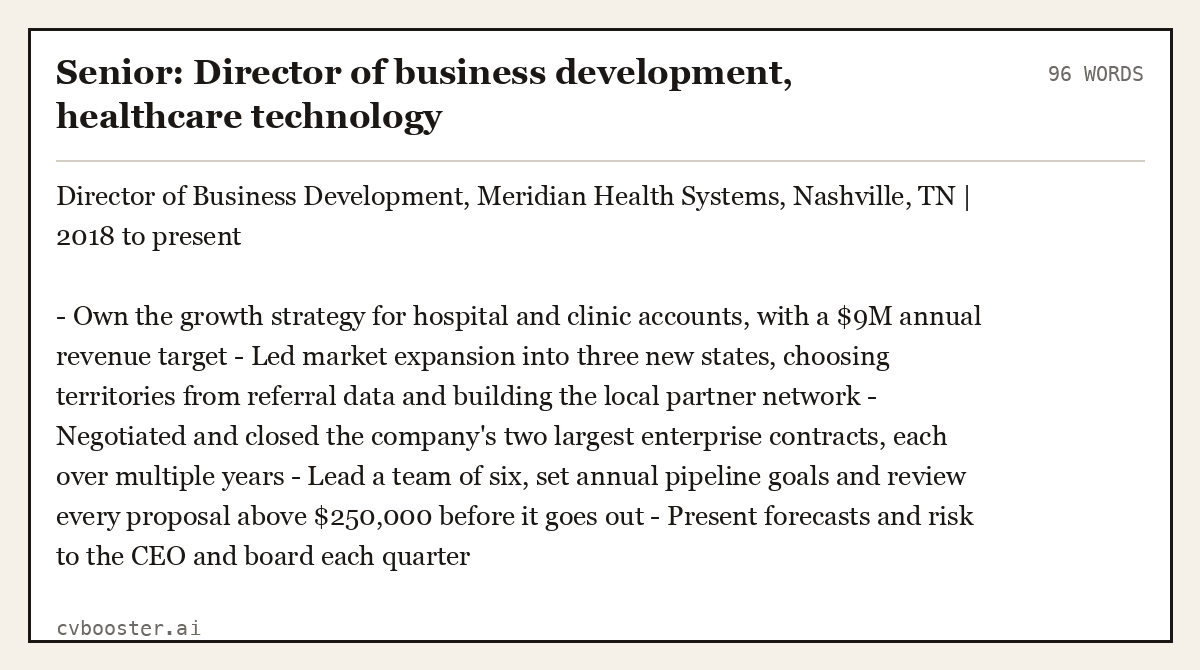 Senior: Director of business development, healthcare technology, complete example, 96 words