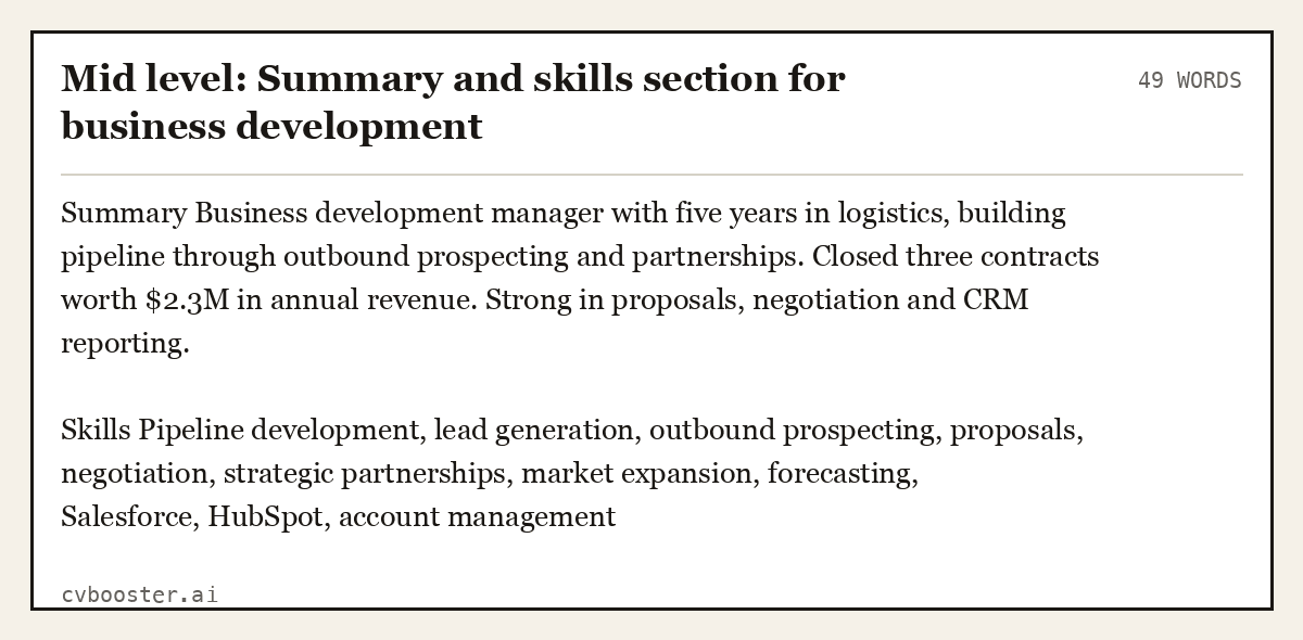 Mid level: Summary and skills section for business development, complete example, 49 words