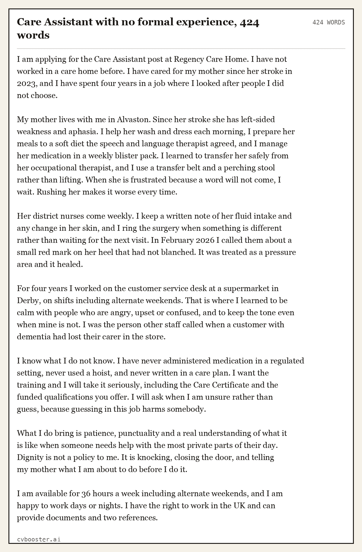 Complete Care Assistant with no formal experience example, 424 words, laid out as it would sit in the application form