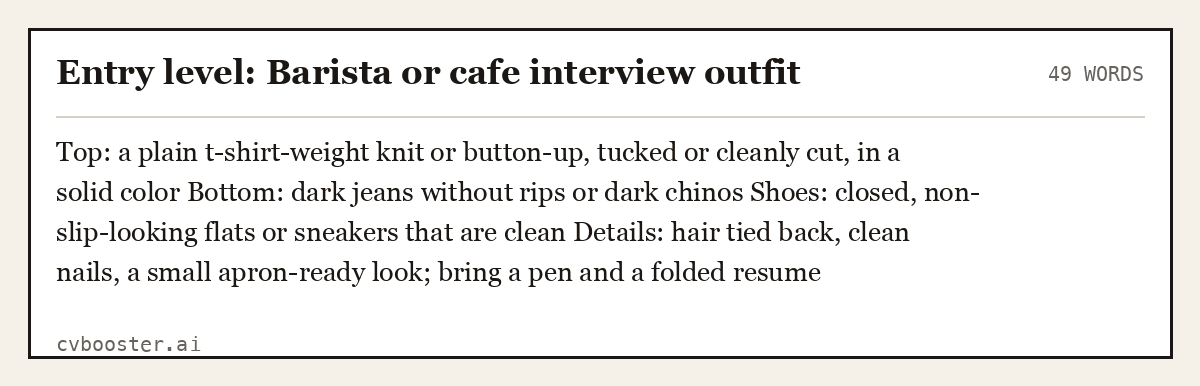 Complete Entry level: Barista or cafe interview outfit example, 49 words, laid out as it would sit in the application form