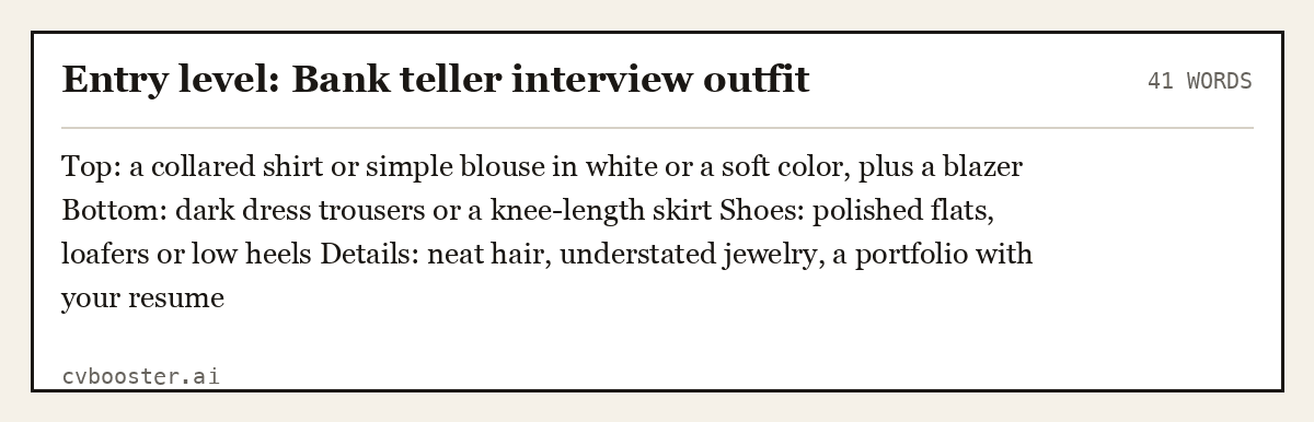 Complete Entry level: Bank teller interview outfit example, 41 words, laid out as it would sit in the application form