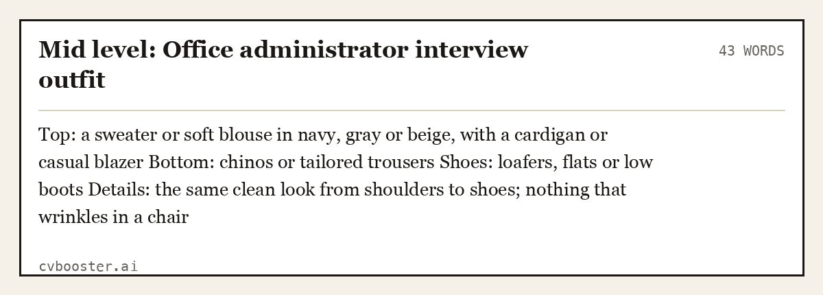 Complete Mid level: Office administrator interview outfit example, 43 words, laid out as it would sit in the application form