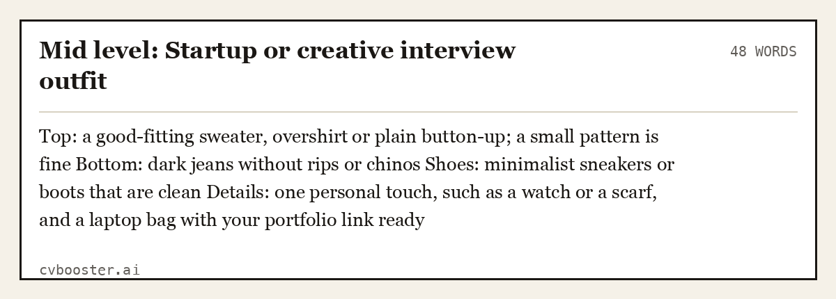 Complete Mid level: Startup or creative interview outfit example, 48 words, laid out as it would sit in the application form