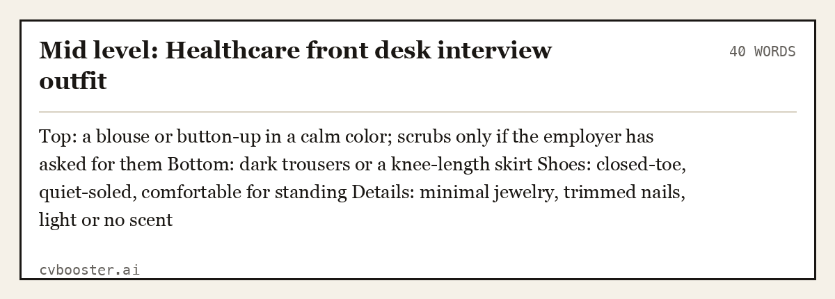 Mid level: Healthcare front desk interview outfit, complete example, 40 words