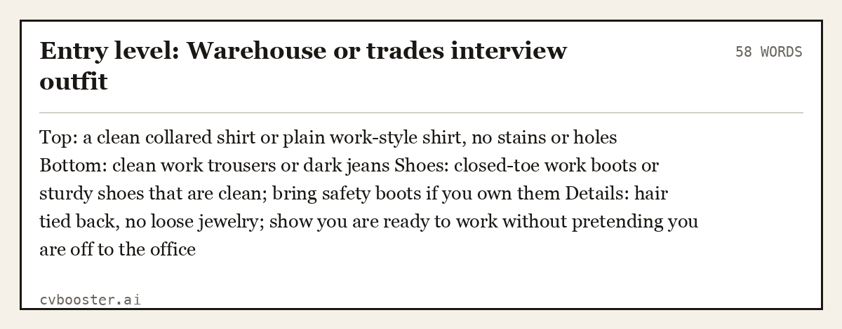 Entry level: Warehouse or trades interview outfit, complete example, 58 words