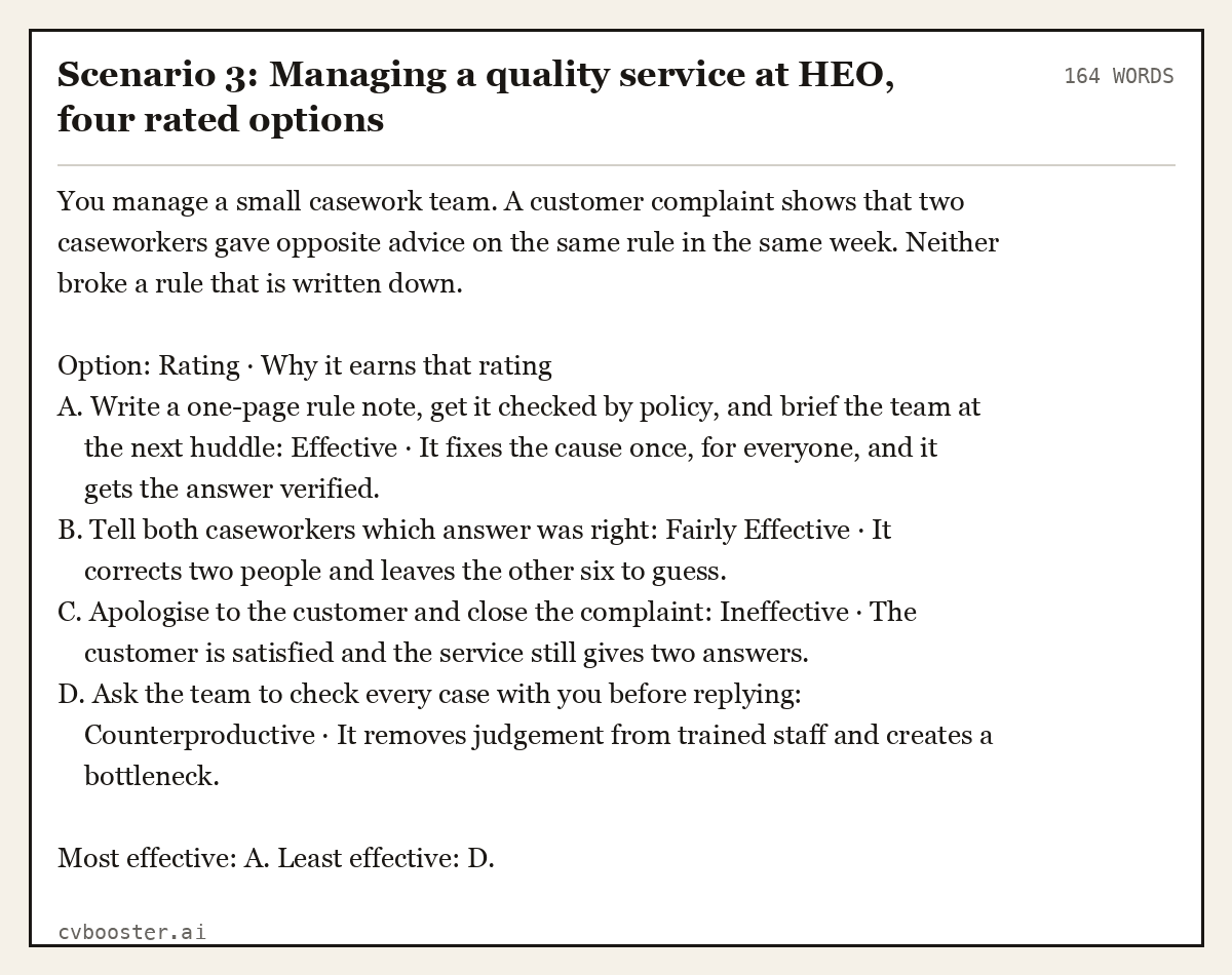 Complete Scenario 3: Managing a quality service at HEO, four rated options example, 164 words, laid out as it would sit in the application form