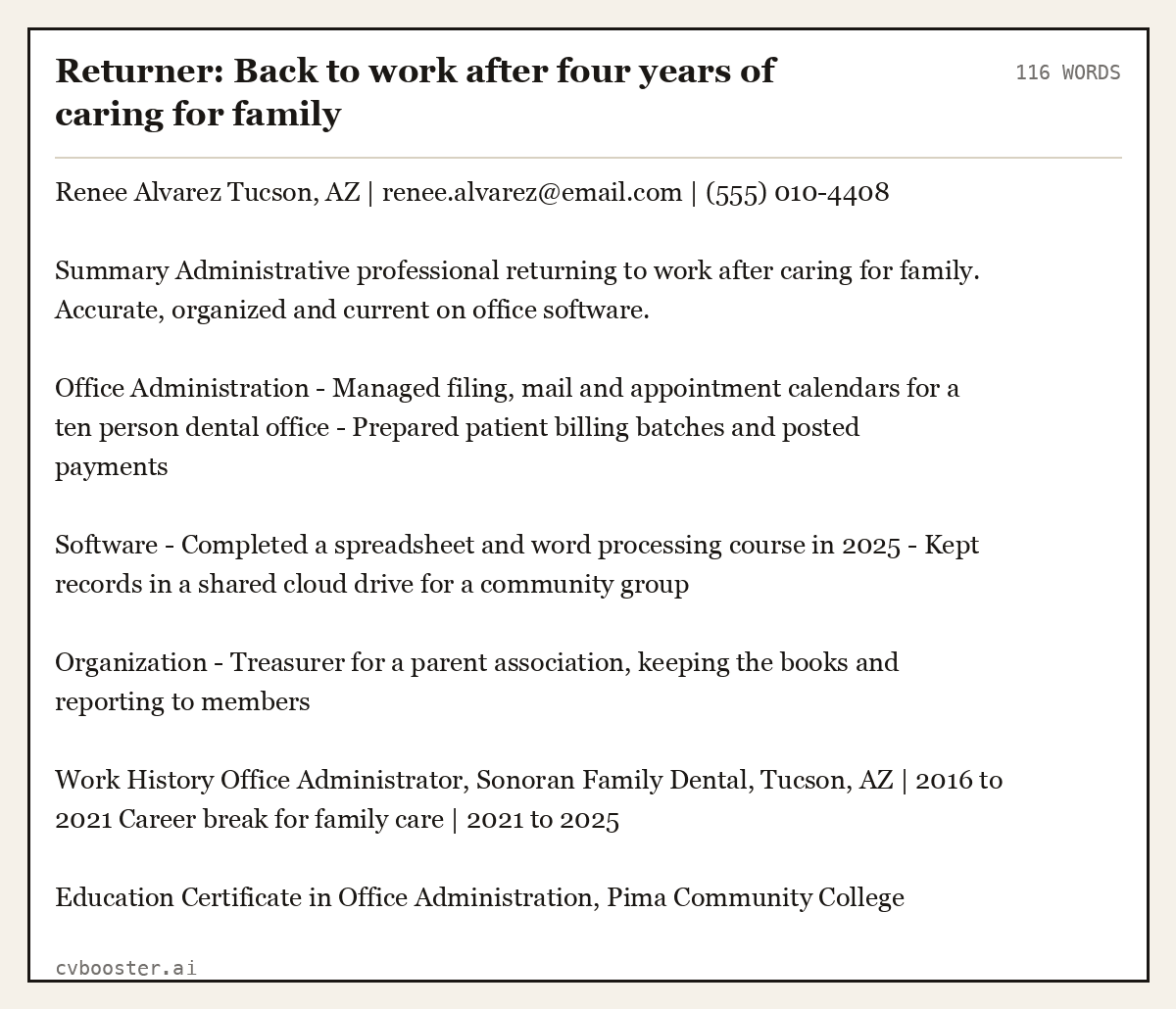 Returner: Back to work after four years of caring for family, complete example, 116 words