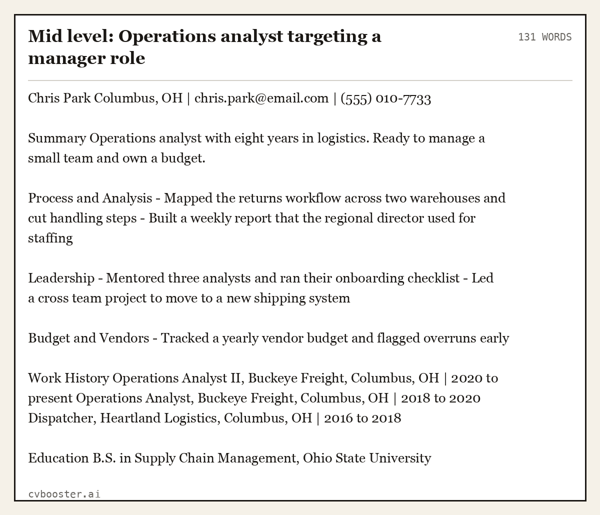 Mid level: Operations analyst targeting a manager role, complete example, 131 words