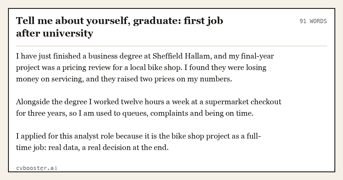 Complete Tell me about yourself, graduate: first job after university example, 91 words, laid out as it would sit in the application form