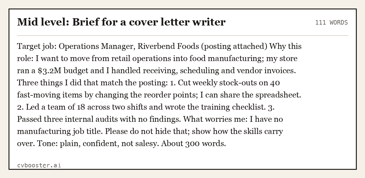 Complete Mid level: Brief for a cover letter writer example, 111 words, laid out as it would sit in the application form