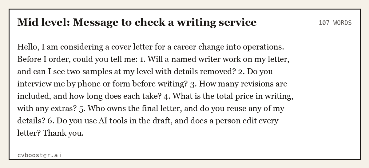 Complete Mid level: Message to check a writing service example, 107 words, laid out as it would sit in the application form