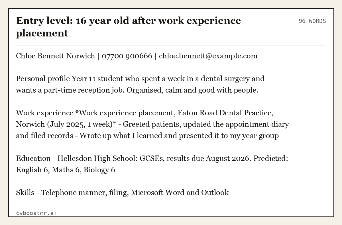 Entry level: 16 year old after work experience placement, complete example, 96 words