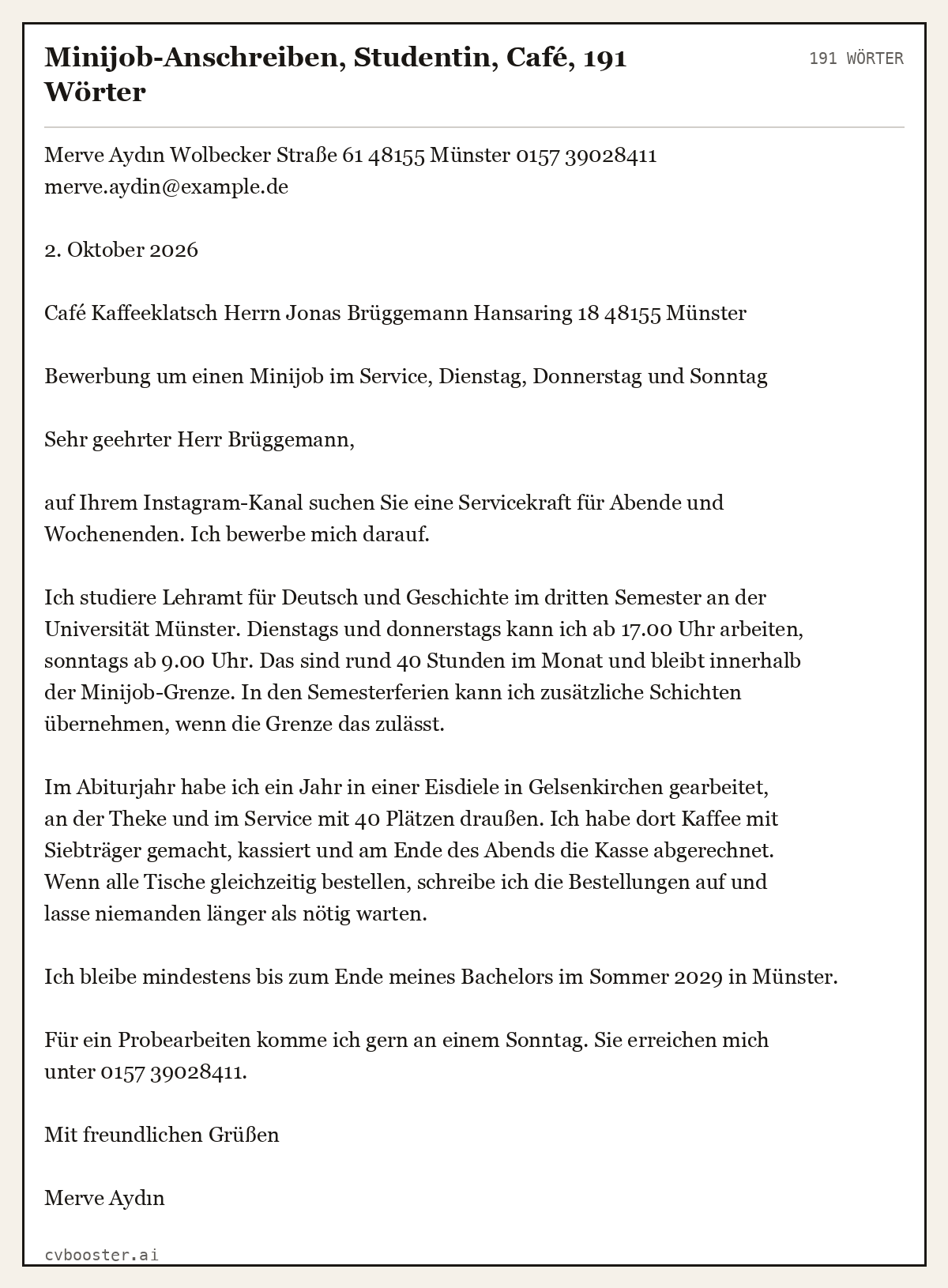 Ausgearbeitetes Beispiel: Minijob-Anschreiben, Studentin, Café, 191 Wörter