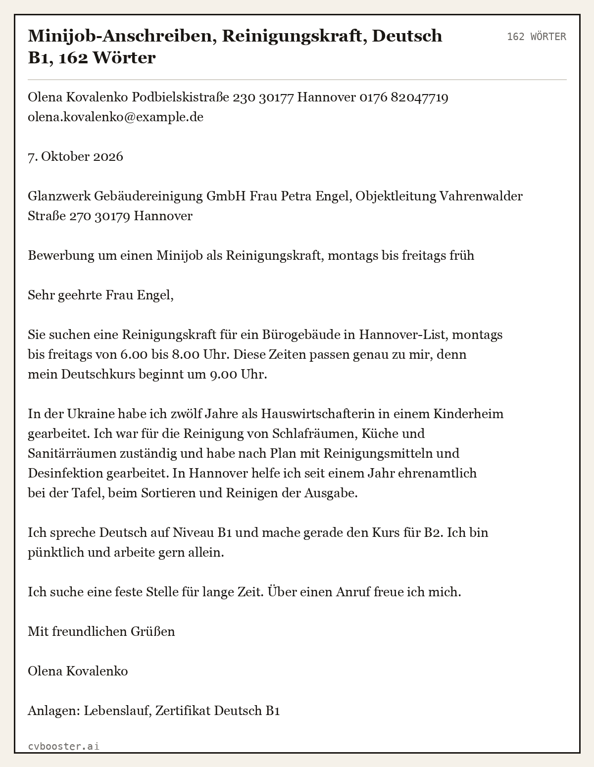Ausgearbeitetes Beispiel: Minijob-Anschreiben, Reinigungskraft, Deutsch B1, 162 Wörter