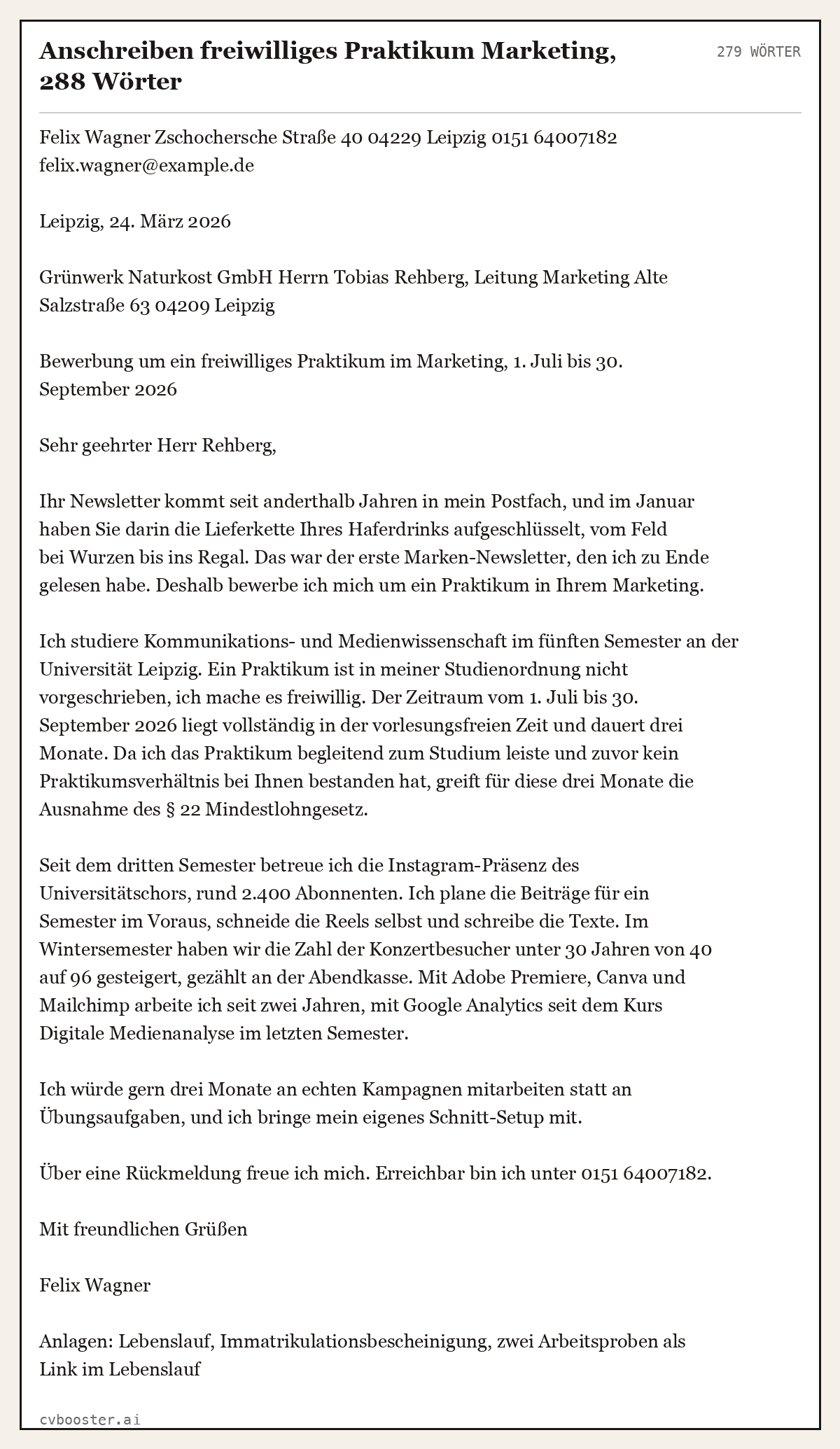Ausgearbeitetes Beispiel: Anschreiben freiwilliges Praktikum Marketing, 279 Wörter