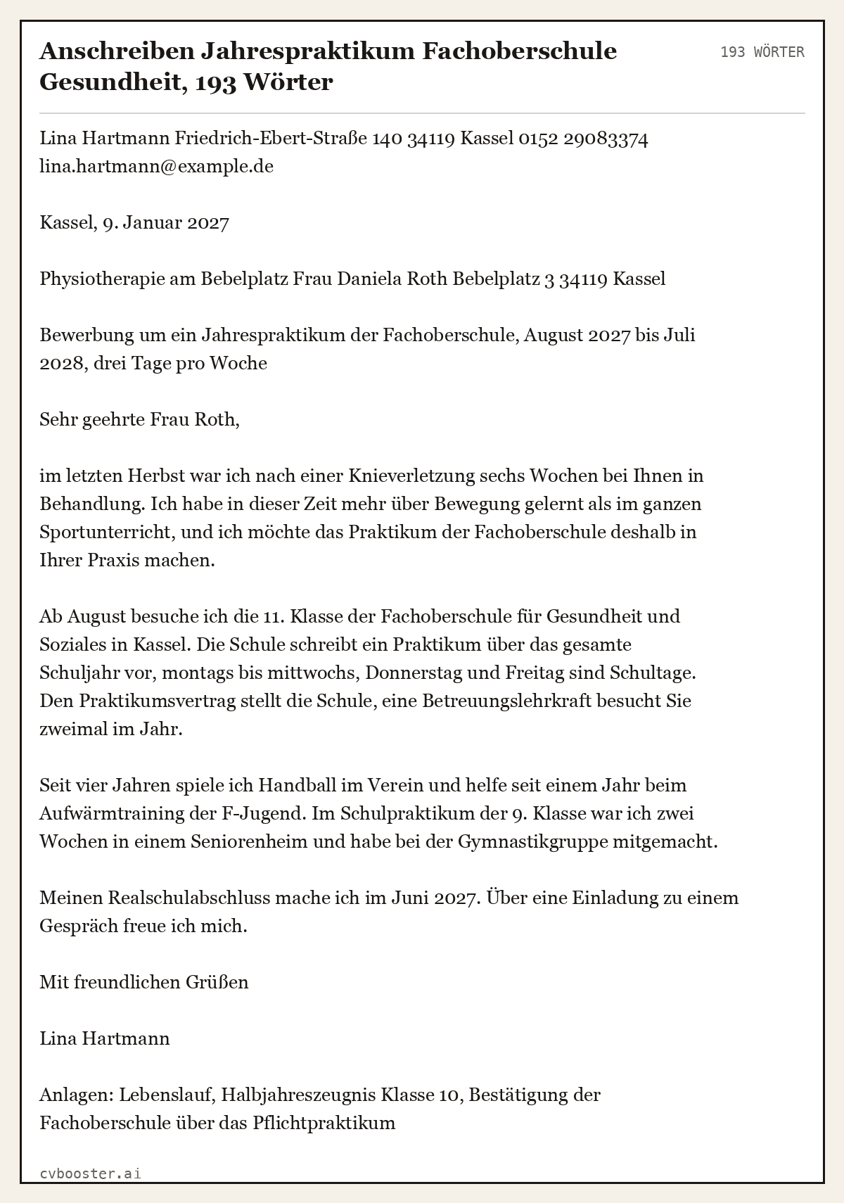 Ausgearbeitetes Beispiel: Anschreiben Jahrespraktikum Fachoberschule Gesundheit, 193 Wörter